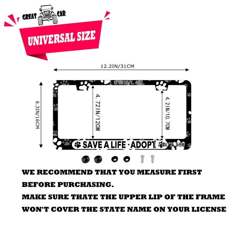 DZGlobal Save A Life Adopt Pet Cat Dog License Plate Frames Paw Prints Design License Plate Covers Aluminum Novelty Car Tag Frame 2 Holes and Screws for Adults - Image 2